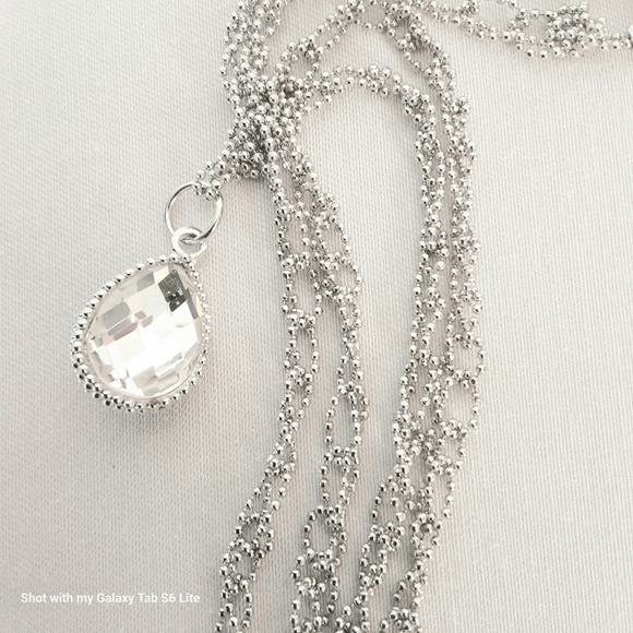 Silver Tone Double Sided Pendant Necklace Black Clear Stone Crocheted Ball Chain - Picture 6 of 11
